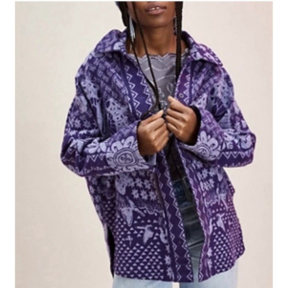 Free People We The Free Purple Cotton Butterfly Jacquard Shirt Shacket | Size L